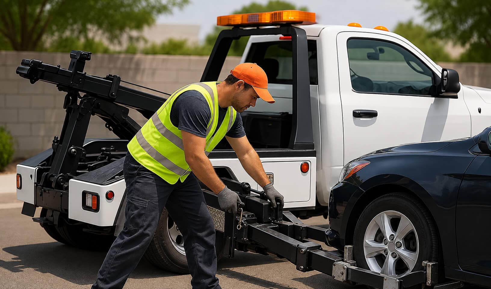 Tow truck driver hooking a car up to a wheel lift
